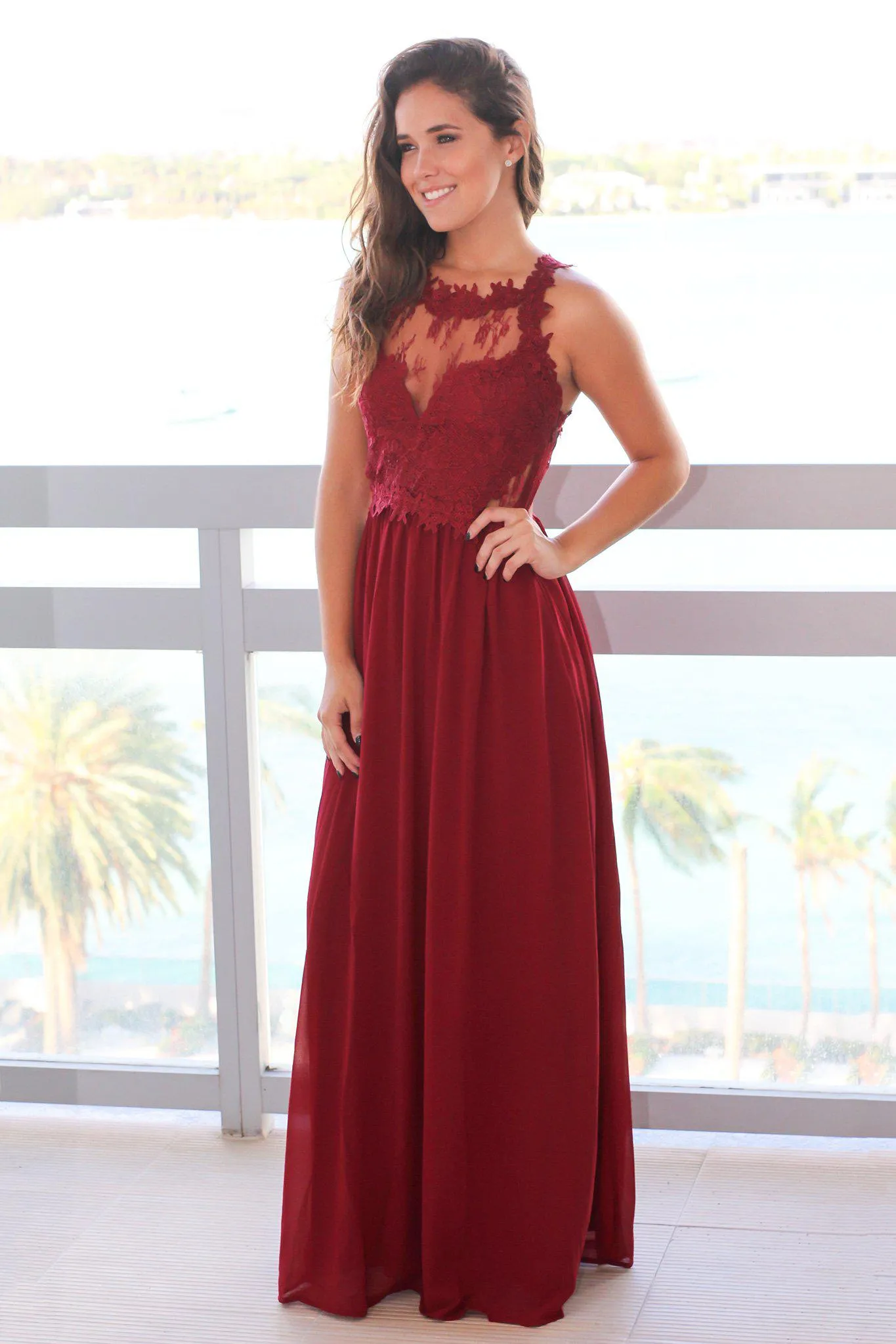 Wine Maxi Dress with Lace Top