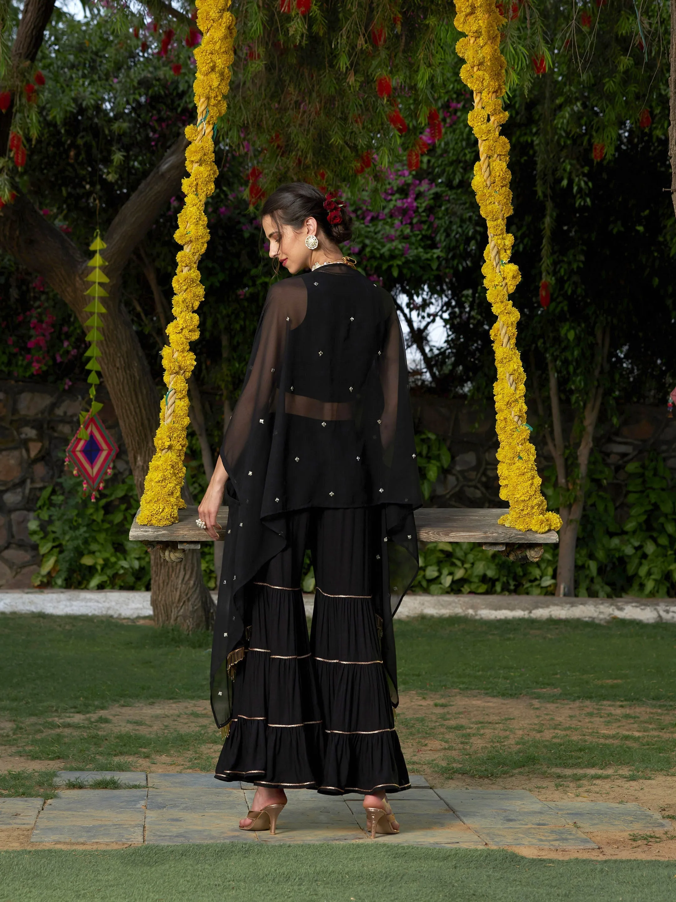 Women Black Crop Top With Tiered Sharara And Emb Cape