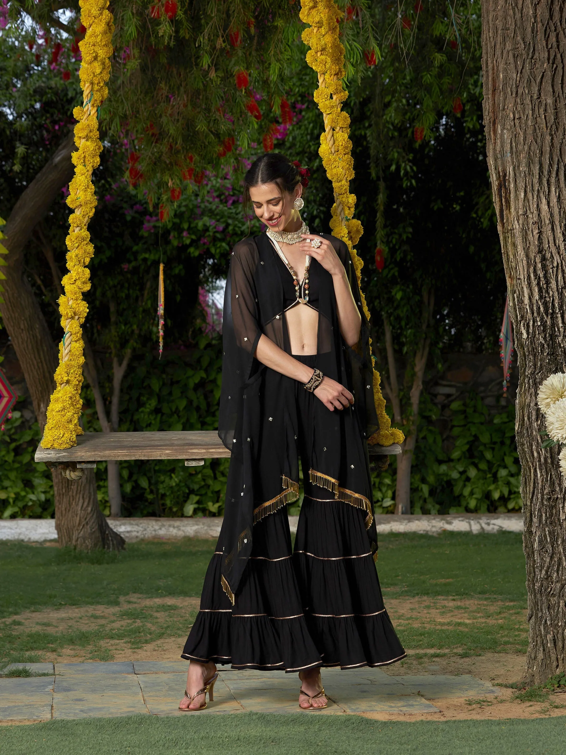 Women Black Crop Top With Tiered Sharara And Emb Cape