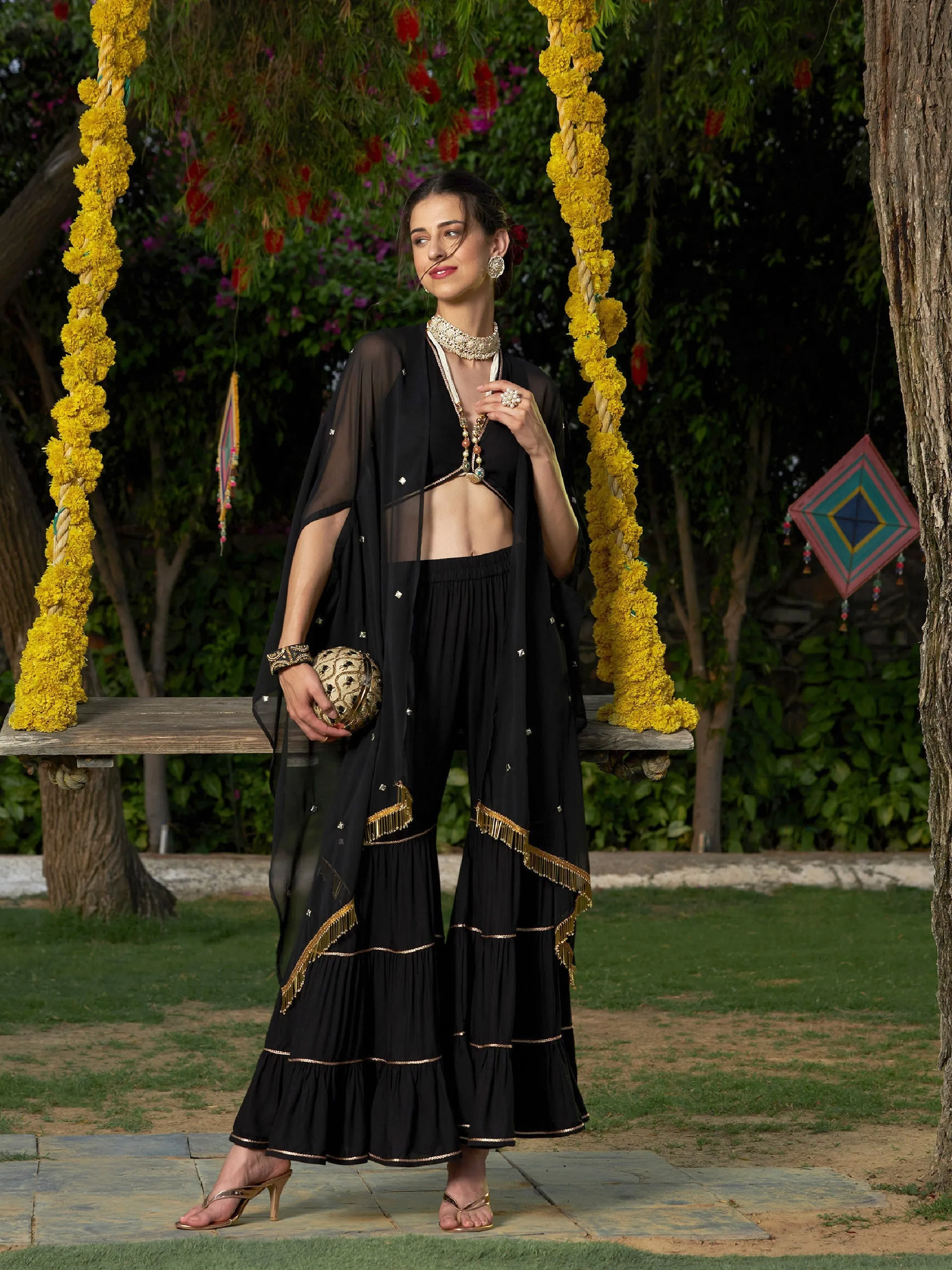 Women Black Crop Top With Tiered Sharara And Emb Cape