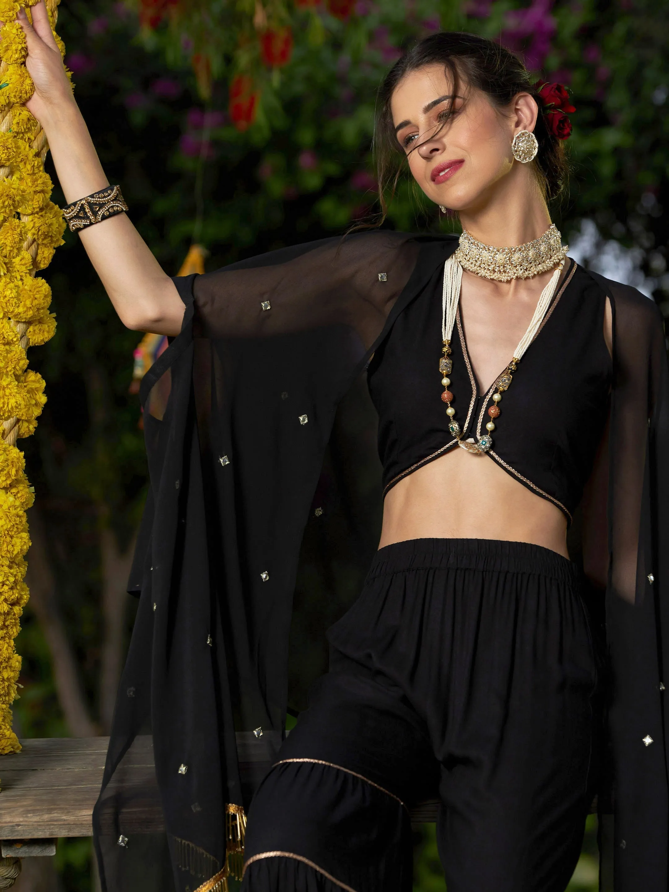 Women Black Crop Top With Tiered Sharara And Emb Cape