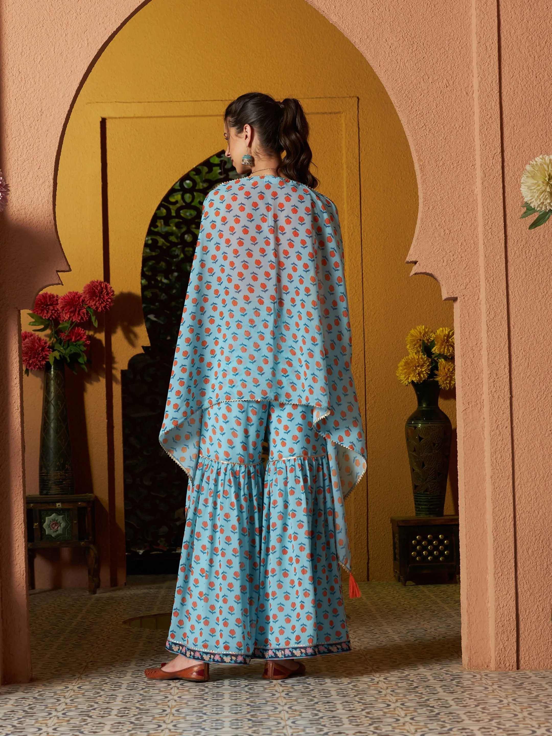 Women Blue Floral Sharara With Cape And Orange Crop Top