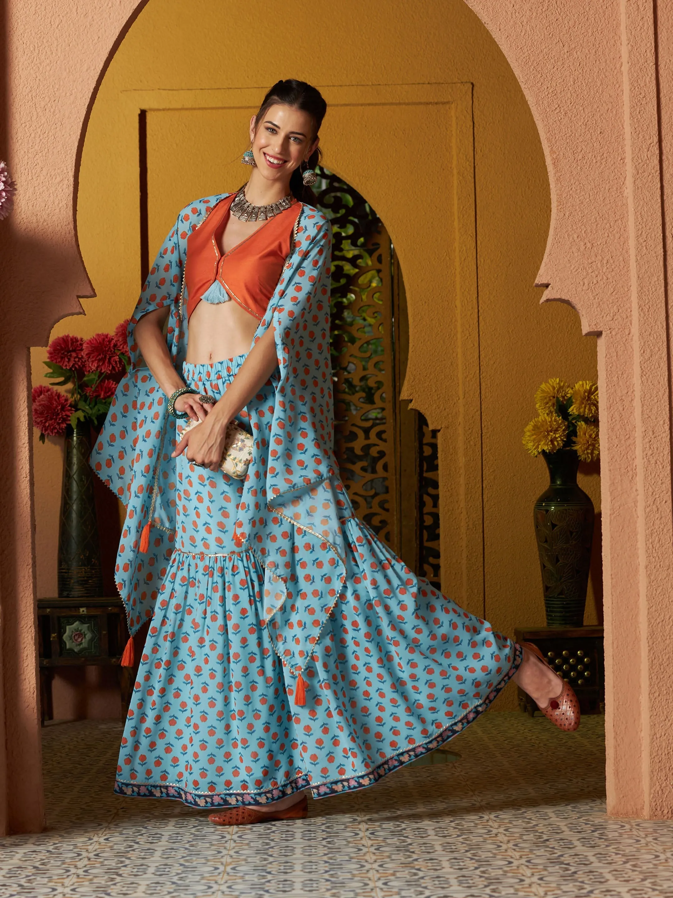 Women Blue Floral Sharara With Cape And Orange Crop Top