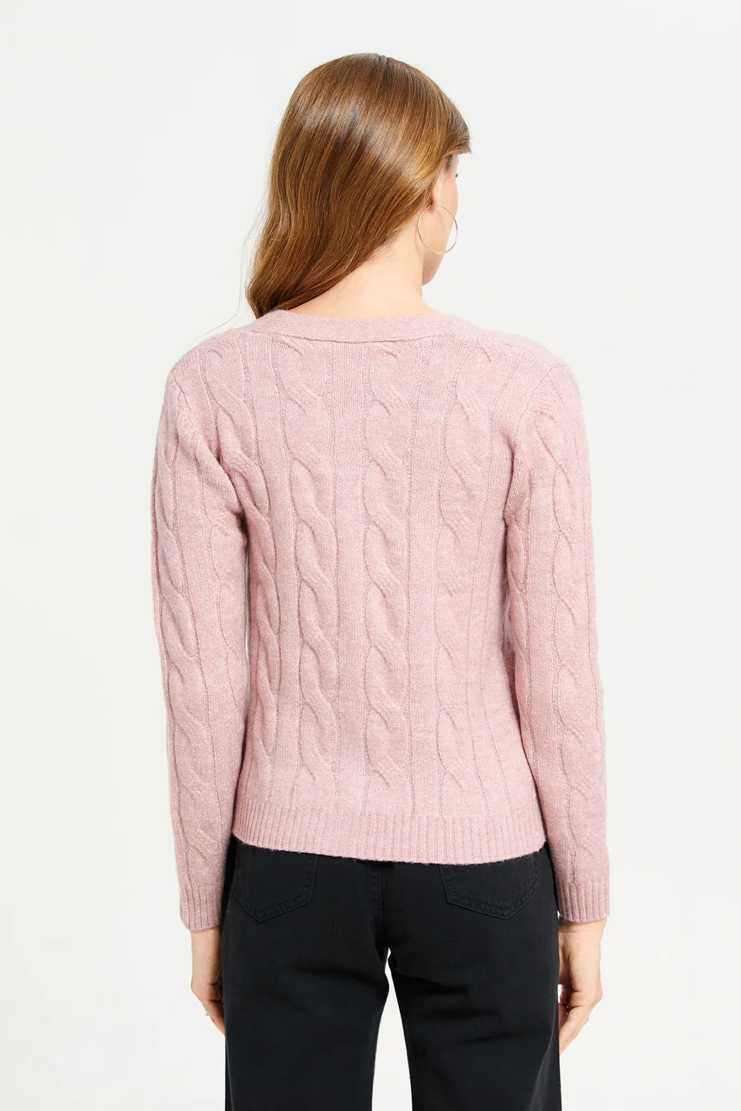 Women Pink V-Neck Cable Knit Cardigan