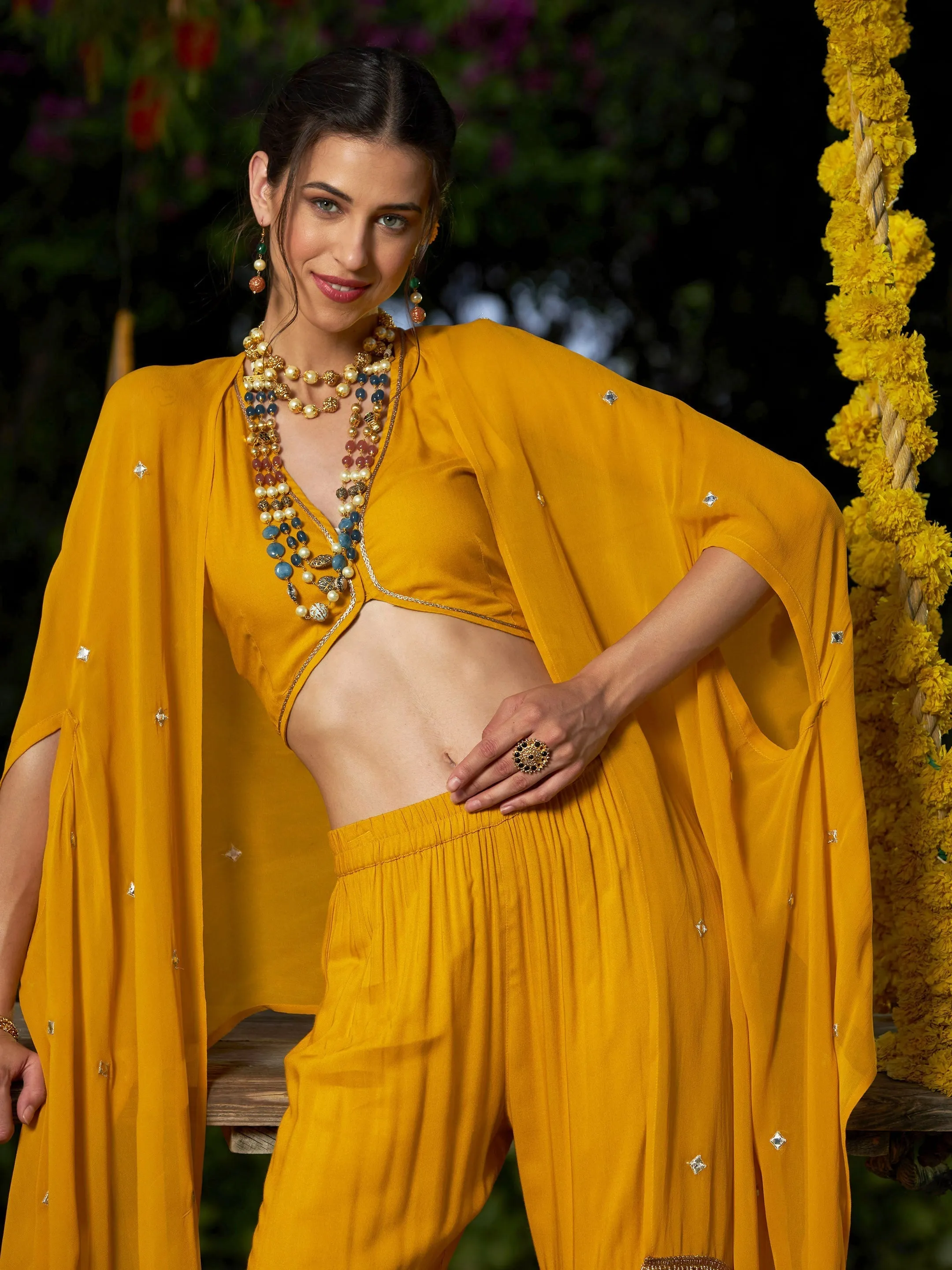 Women Yellow Crop Top With Tiered Sharara And Emb Cape