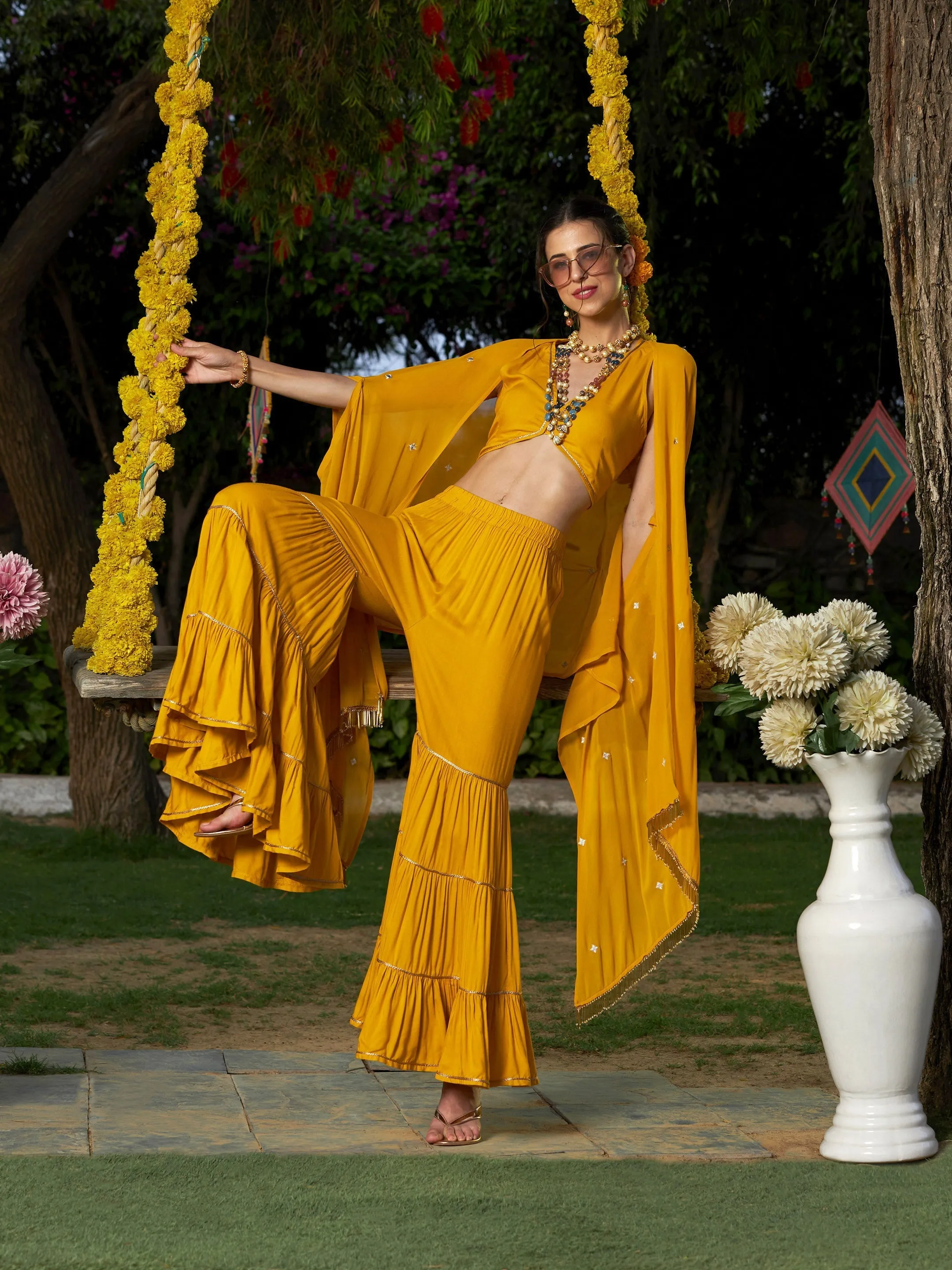 Women Yellow Crop Top With Tiered Sharara And Emb Cape