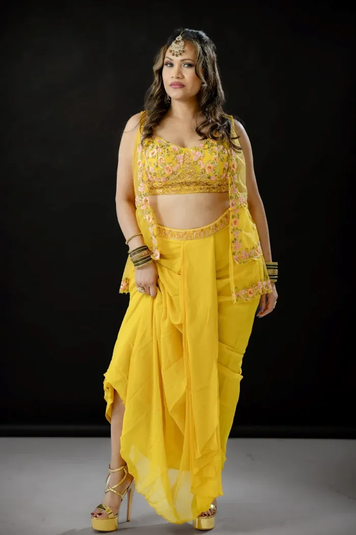 Yellow Ladies Suit with Crop top & Net Jacket & Dhoti Style Skirt