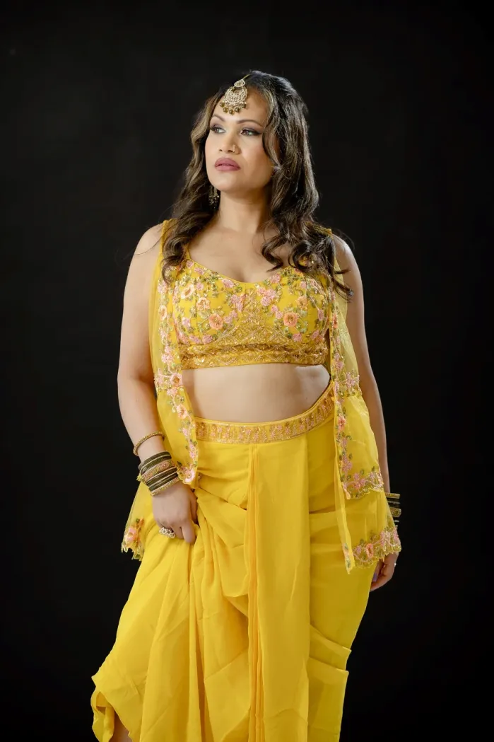 Yellow Ladies Suit with Crop top & Net Jacket & Dhoti Style Skirt