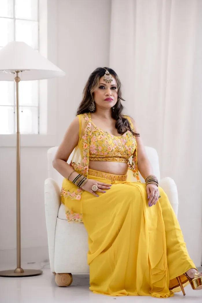 Yellow Ladies Suit with Crop top & Net Jacket & Dhoti Style Skirt