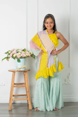 Yellow Top With Knot Detailed Cape And Dotted Sharara