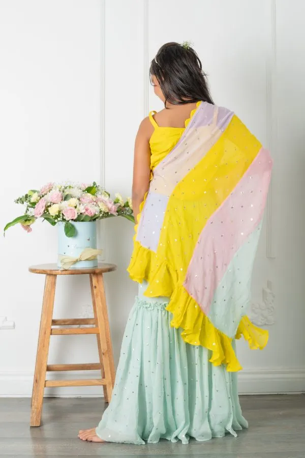 Yellow Top With Knot Detailed Cape And Dotted Sharara