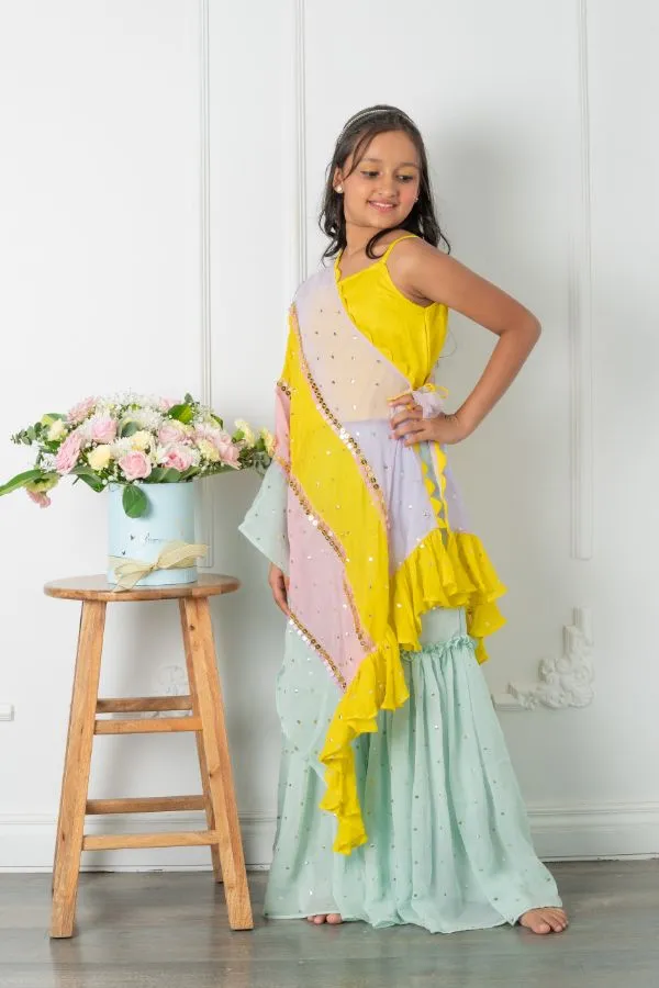 Yellow Top With Knot Detailed Cape And Dotted Sharara